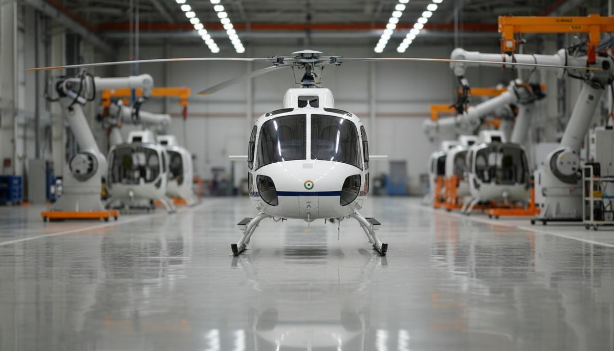 Новый вертолет H125 в центре сборочного цеха на заводе в Карнатаке, Индия. На заднем плане – производственное оборудование.