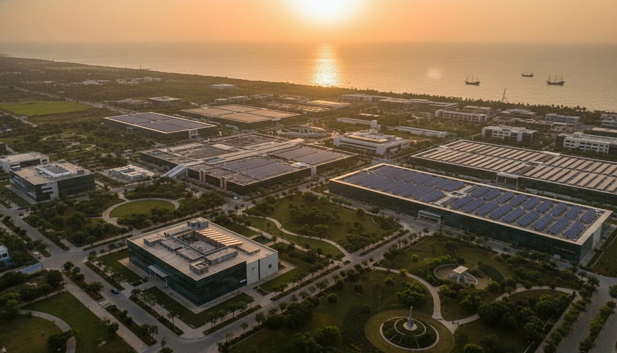 Современный технологический парк с высоты птичьего полета на побережье в индийском штате Гуджарат на закате.