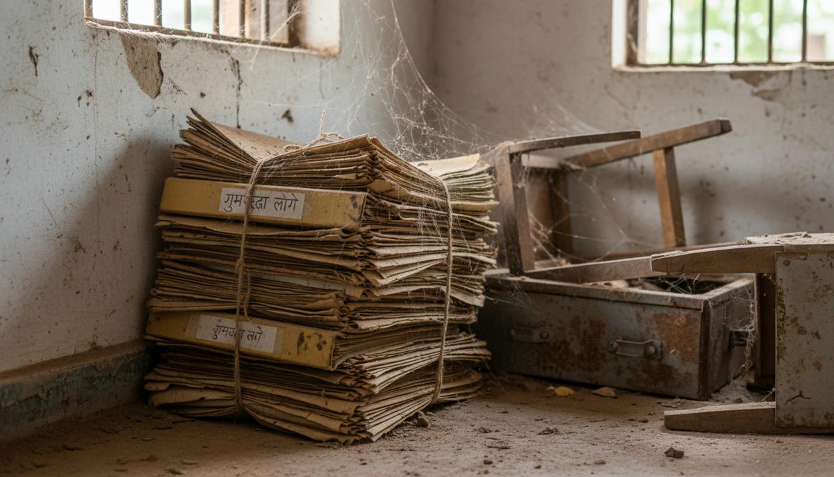 Пропавшие без вести: шокирующая статистика похищений женщин в Индии Стопка старых, пыльных папок с делами о пропавших без вести людях в заброшенном углу полицейского участка в Индии.