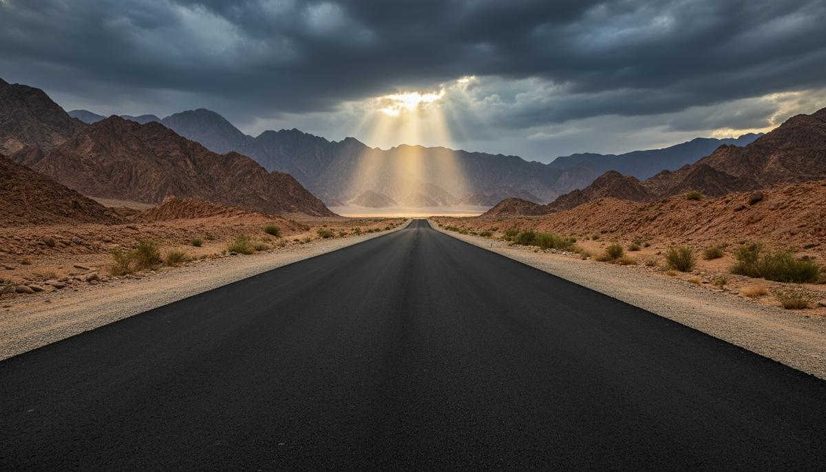Экономика Пакистана: стабилизация от МВФ или затишье перед новой бурей? Пустая новая дорога тянется через засушливые горы Пакистана, на горизонте видны грозовые тучи и луч солнца.