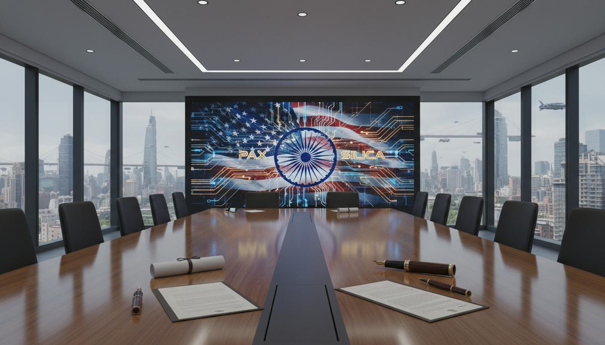 Современный конференц-зал с деревянным столом, на котором лежат подписанные документы и ручки. На экране позади – флаги Индии и США.