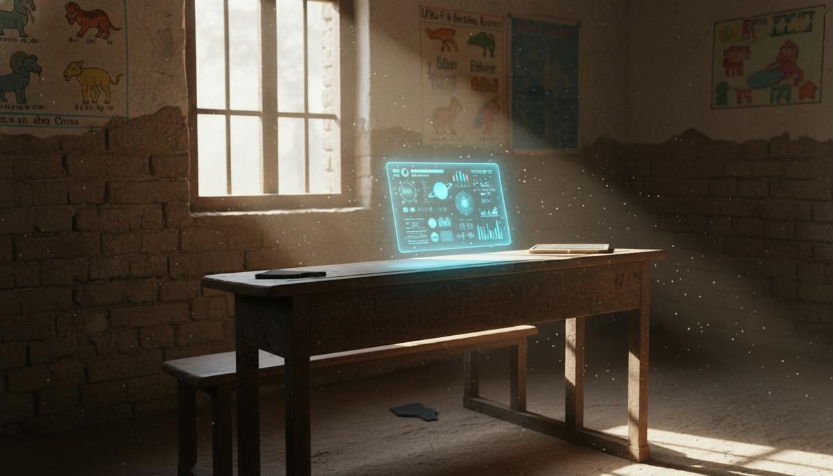 Индийский парадокс ИИ: прорыв в технологиях или новый цифровой разрыв? Старая деревянная парта в сельской индийской школе, на которой парит светящийся голографический планшет с учебными графиками.