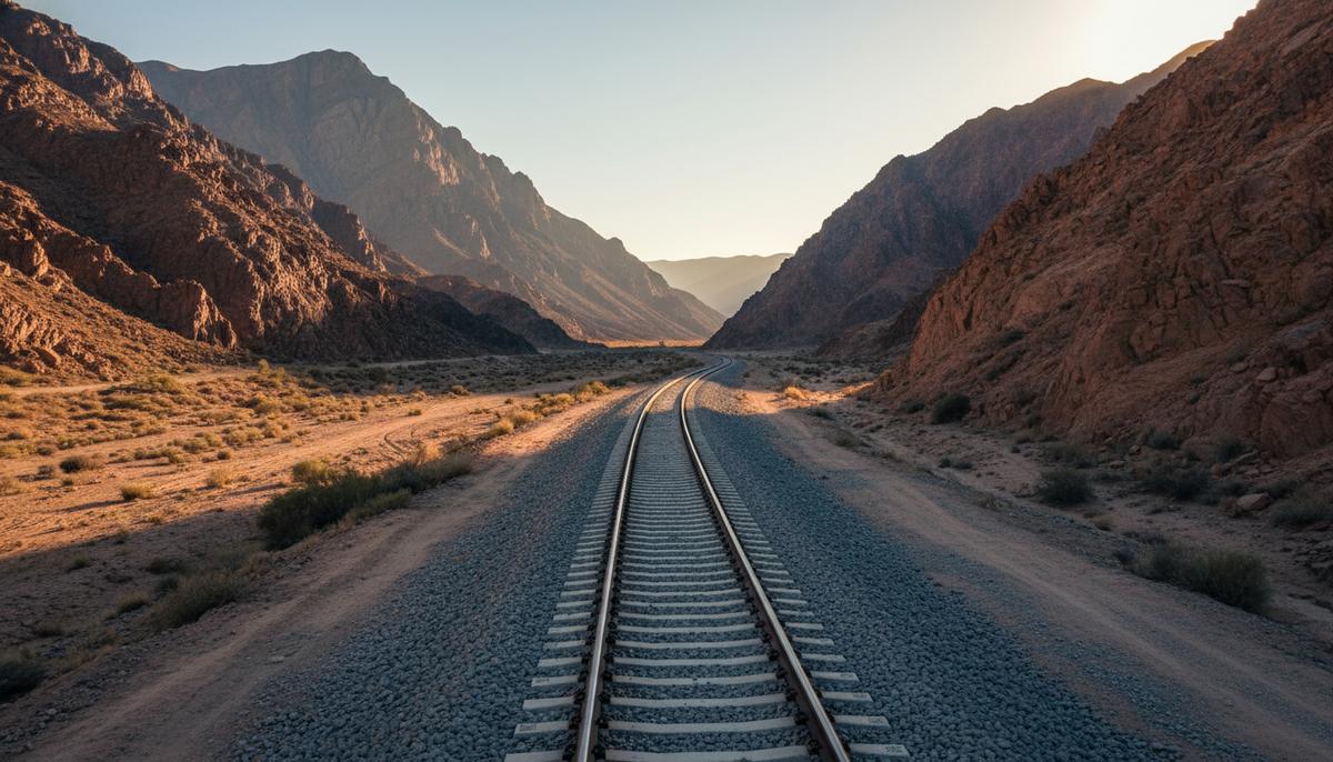 Большая игра 2.0: как Пакистан перекраивает карту торговых путей Евразии Железнодорожные пути, проложенные через пустынную горную долину в Азии, как символ нового транспортного коридора.