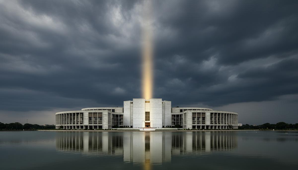 Новый лидер Бангладеш: триумф на выборах и титанические вызовы впереди Здание Национального парламента Бангладеш в Дакке на фоне грозового неба, отражающегося в воде.