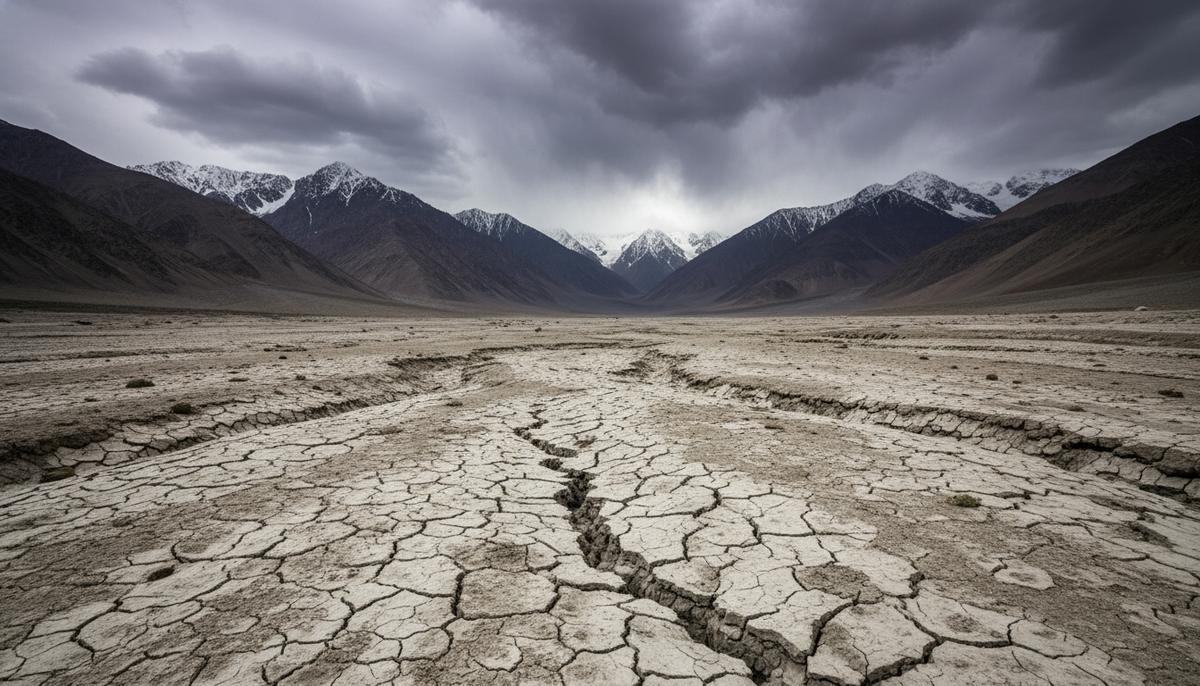Этнический раскол в Афганистане: бомба замедленного действия для власти Талибана Растрескавшаяся сухая земля в пустынной долине на фоне суровых, заснеженных гор Гиндукуша в Афганистане.