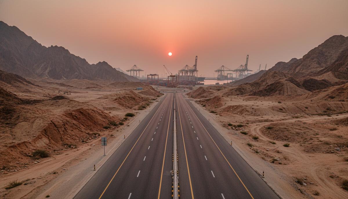 Белуджистан в огне: бедность, сепаратизм и большая геополитическая игра Пустынное горное шоссе в Белуджистане, часть Китайско-Пакистанского экономического коридора. На заднем плане виднеется портовая инфраструктура Гвадара с кранами.