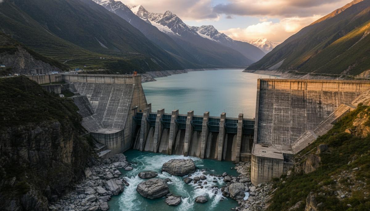 Крупная гидроэлектростанция на бурной реке, протекающей через скалистую горную долину. Водохранилище заполнено.