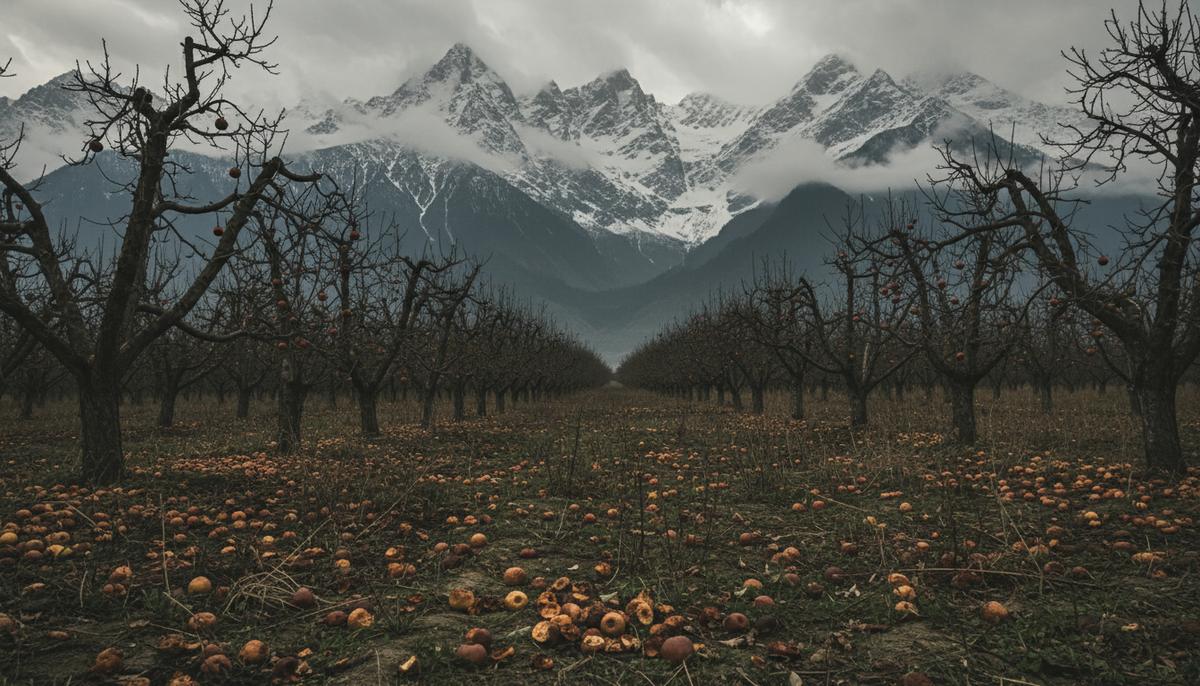 Яблочный кризис в Кашмире: фермеры требуют защиты от наступающего импорта Яблоневый сад в долине Кашмира на фоне заснеженных гор. Под деревьями на земле лежат опавшие яблоки.