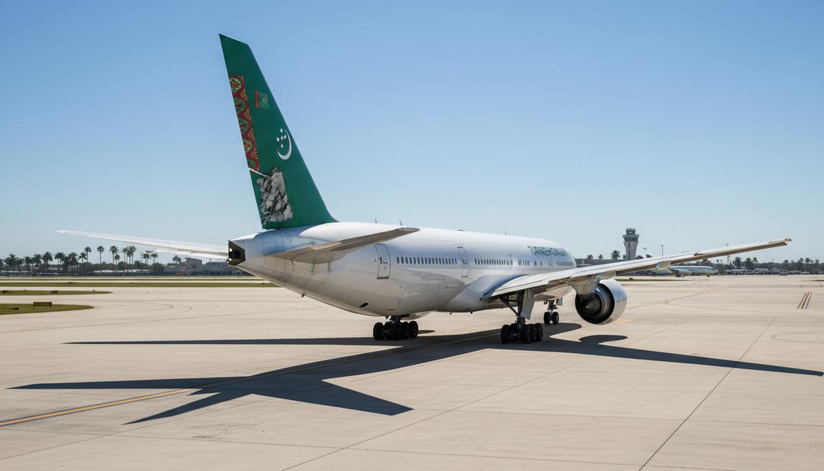 Правительственный самолет Туркменистана с поврежденным хвостовым оперением на стоянке в солнечном аэропорту Флориды.