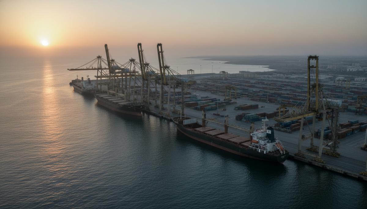 Стратегическая автономия Индии: трещина в доктрине под давлением Запада Панорамный вид на иранский порт Чабахар на рассвете. Большие грузовые краны стоят без движения у причалов, рядом пришвартованы корабли.