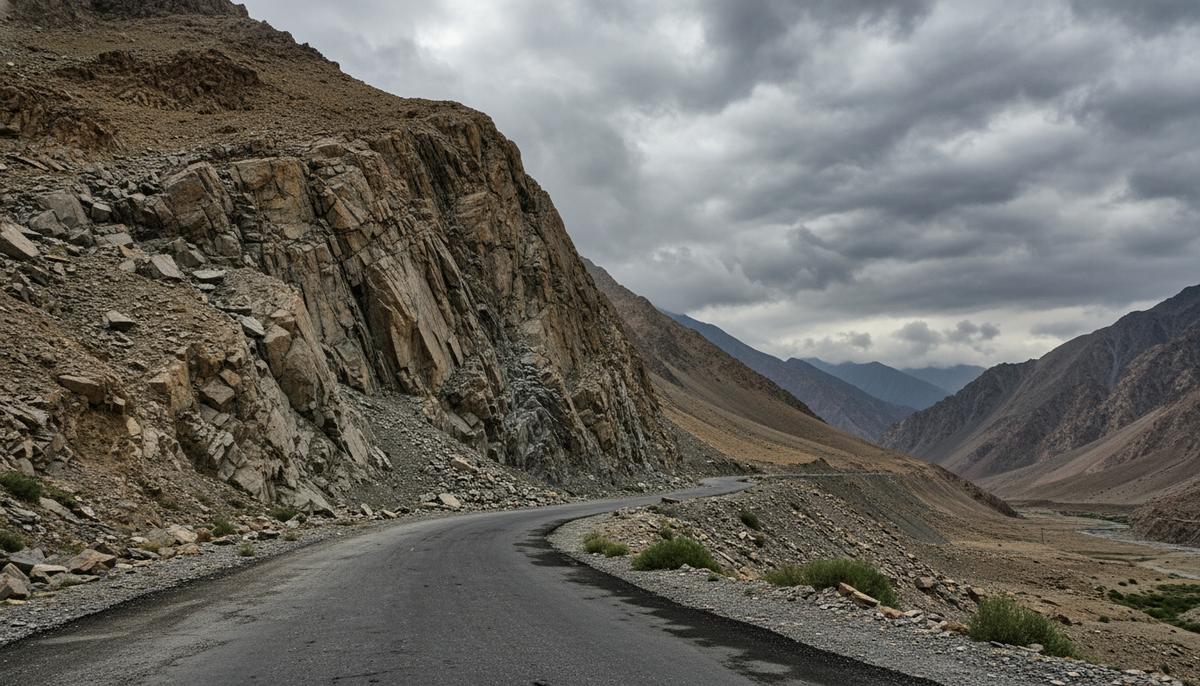 Пустая извилистая дорога, проложенная в склоне отвесной скалистой горы в Гилгит-Балтистане, со следами недавнего камнепада на асфальте.