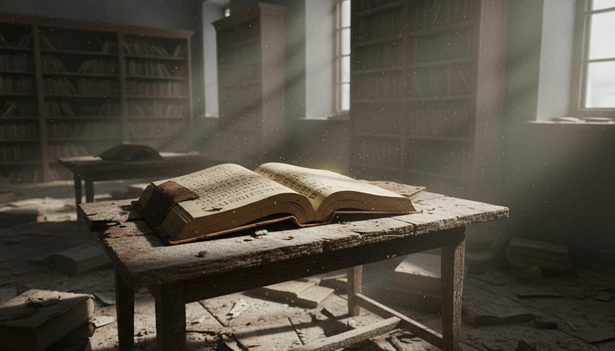 Языковой геноцид: почему в Индии исчезают сотни родных языков Старая книга в кожаном переплете с неизвестными письменами лежит открытой на пыльном деревянном столе в заброшенной комнате.