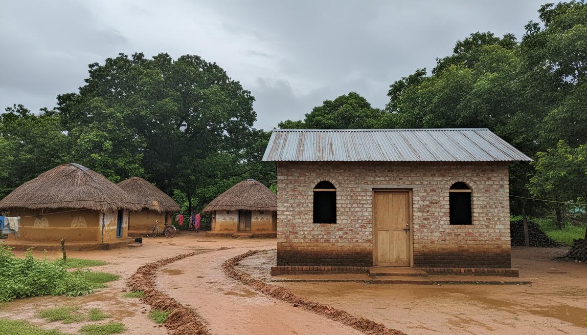 Тихая революция каткари: как забытое племя в Индии обретает будущее Новый кирпичный общественный центр с металлической крышей в индийской деревне. Вокруг – сельский пейзаж, глиняные хижины и тропическая зелень.