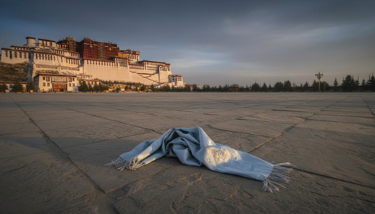 Пустая площадь перед дворцом Потала в Лхасе, Тибет. На каменной брусчатке на рассвете лежит одинокий тибетский шарф.