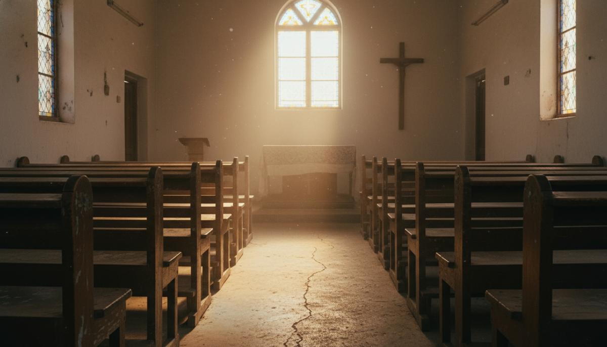 Великий пост в Пакистане: время веры и социальной справедливости Интерьер скромной христианской церкви в Пакистане. Солнечный свет падает на старые деревянные скамьи и простой крест на стене.