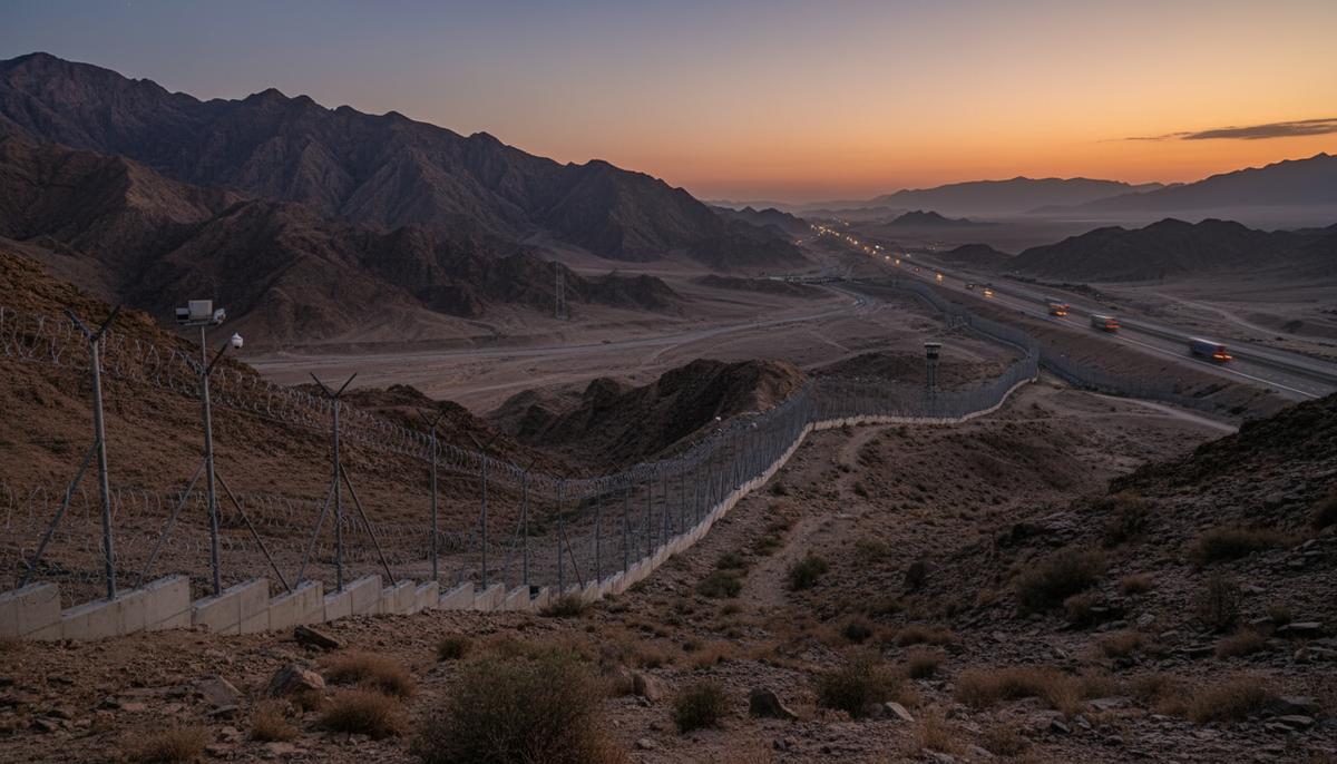 Укрепленный пограничный забор между Пакистаном и Афганистаном, проходящий через суровый горный пейзаж на закате.