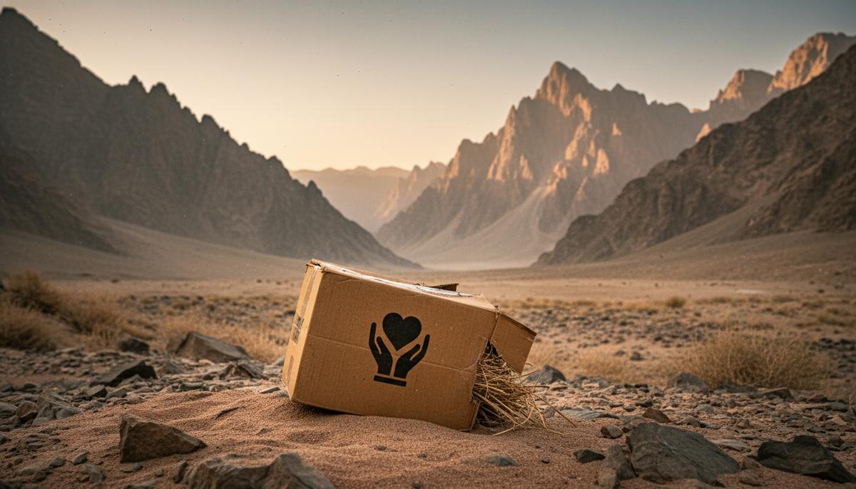 Картонная коробка с гуманитарной помощью лежит в пустынной каменистой долине на фоне суровых афганских гор на рассвете.