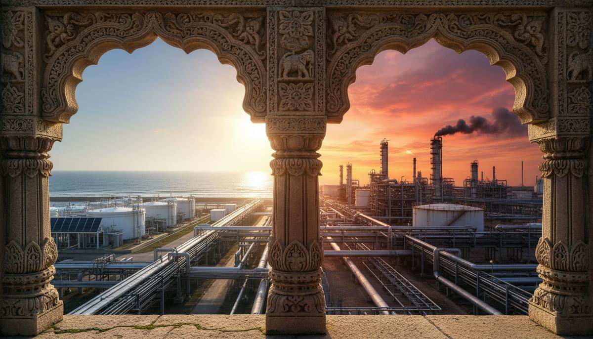 Старинная индийская арка, через которую виден разделенный пейзаж: слева – опреснительный завод, справа – нефтеперерабатывающий комплекс.