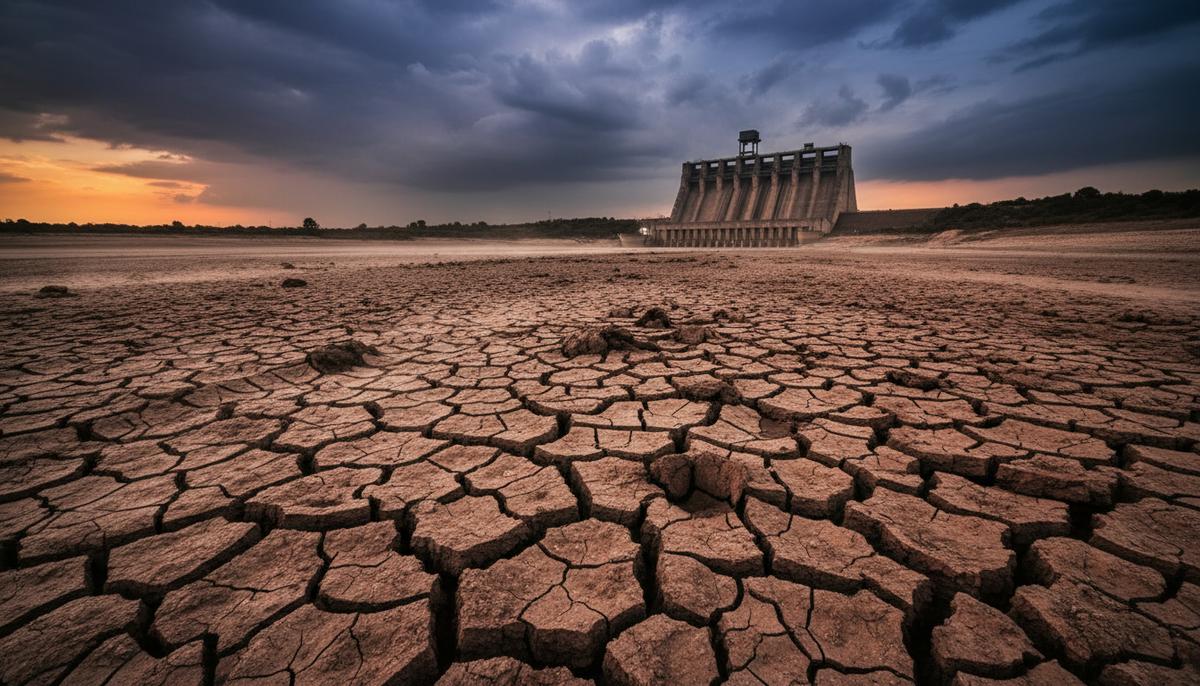 Огромное пересохшее русло реки Ганг с потрескавшейся землей, на горизонте виден силуэт большой плотины под грозовым небом.