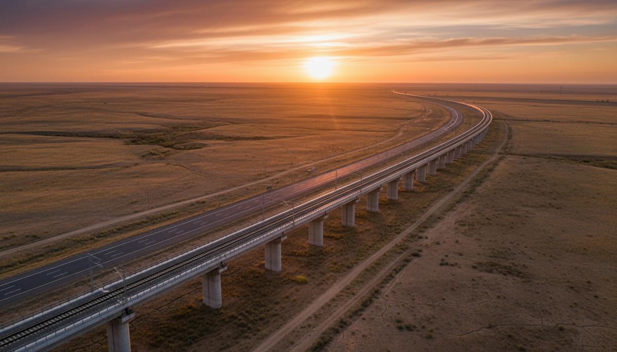 Новая роль Азии: как Казахстан и Узбекистан стали миротворцами для США Современная железная дорога и автомагистраль, пролегающие через степи Центральной Азии на закате, символизируя новые торговые пути.