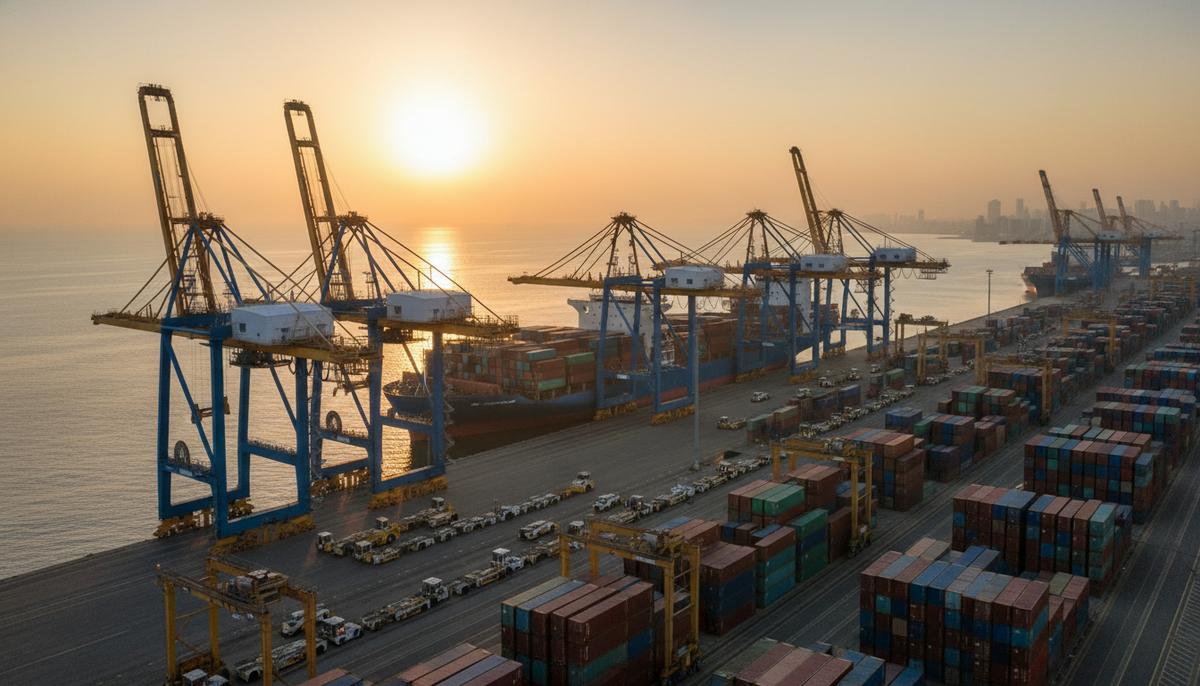 Индия – Африка: от исторической солидарности к стратегическому союзу Современный морской порт на рассвете. Большие краны загружают контейнеры на грузовой корабль у причала.