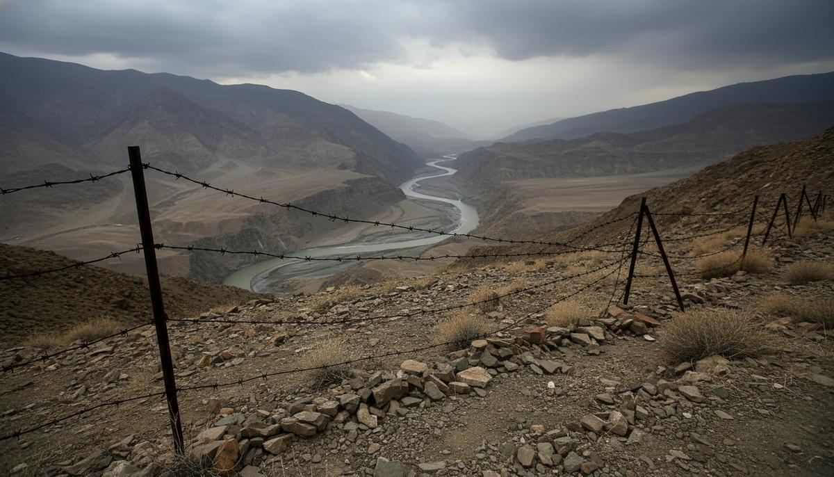 Афганский узел: как режим талибов угрожает стабильности всей Центральной Азии Горный пейзаж на границе Афганистана и Таджикистана с полуразрушенным забором из колючей проволоки и рекой в ущелье.