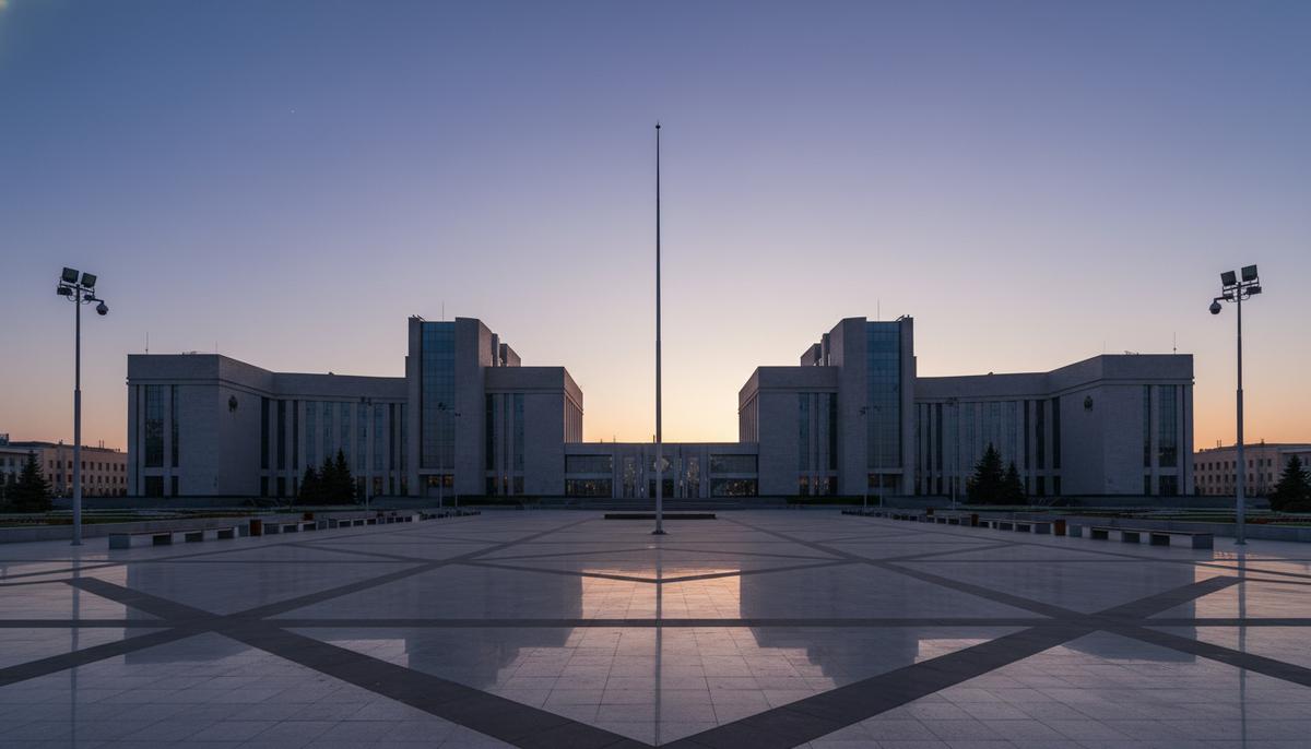 Казахстан: правозащитники бьют тревогу накануне диалога с ЕС Пустая городская площадь на закате перед современным правительственным зданием в столице Казахстана.