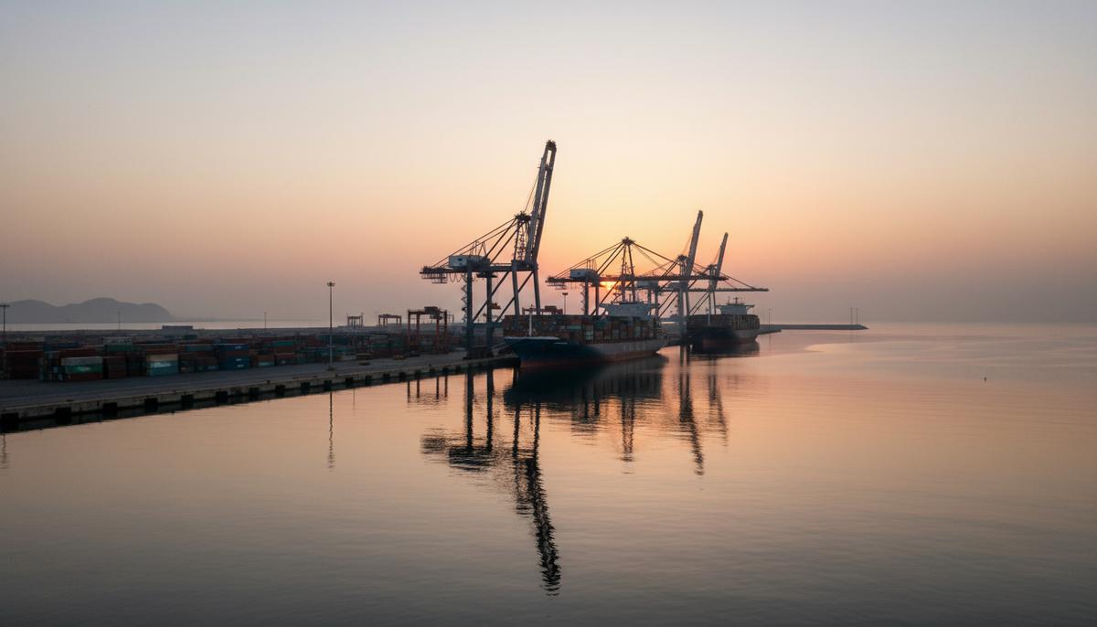 Новый курс Индии: союз с Израилем меняет расклад сил на Ближнем Востоке Крупный морской порт Чабахар в Иране на рассвете. Грузовые краны и контейнеровозы у причала на фоне спокойного моря.