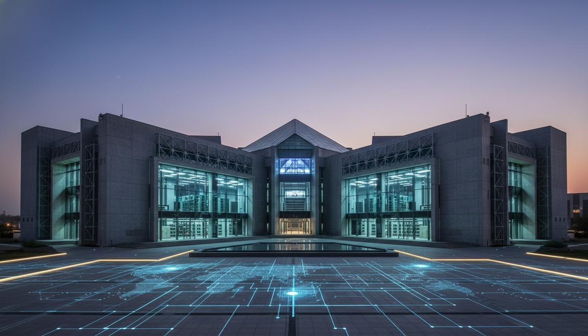 Тихий ход Исламабада: как Пакистан меняет правила ядерной игры Современное правительственное здание в Исламабаде в сумерках, со светящимися окнами и цифровой сеткой на переднем плане.