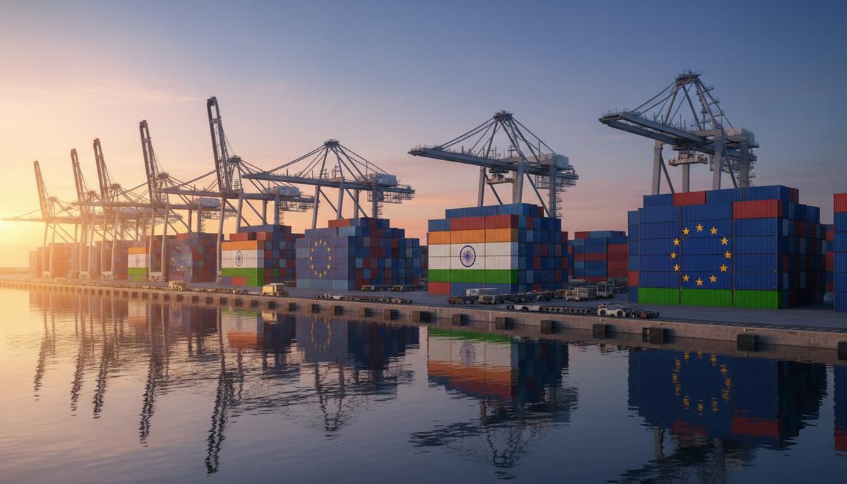 Грузовые контейнеры с флагами Европейского союза и Индии в крупном морском порту на рассвете.