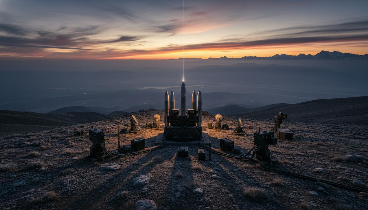 Альянс Индии и Израиля: новый «железный купол» над Азией и риск большой войны Батарея современной системы ПВО с лазерной установкой на горном плато на фоне туманного пейзажа с горами на закате.