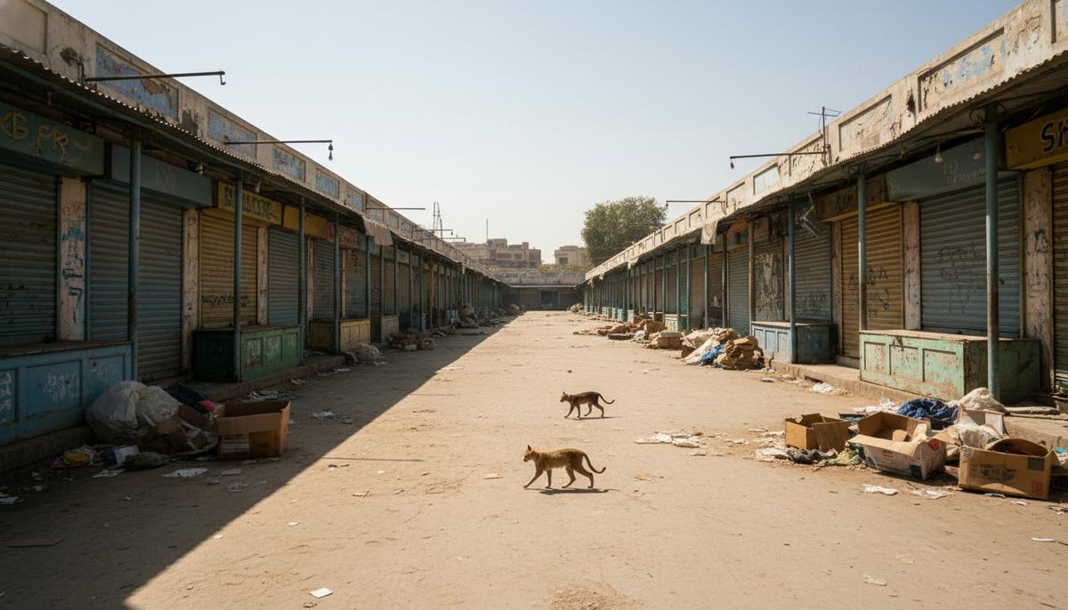 Пустая рыночная площадь в пакистанском городе. Закрытые торговые лавки с опущенными ставнями, пыльная улица, яркий солнечный свет.