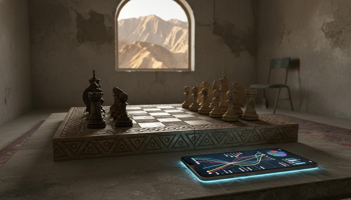 Афганский гамбит: смена врагов в цифровой войне Кабула Старая шахматная доска на столе в комнате, рядом лежит смартфон со светящимся экраном, в окне видны горы Афганистана.