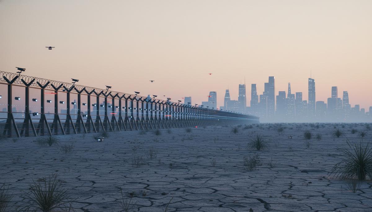 Молчание о Газе: речь Моди в Кнессете знаменует разворот политики Индии Современный высокотехнологичный пограничный забор с камерами наблюдения в пустынном ландшафте на рассвете, на фоне виден силуэт города.