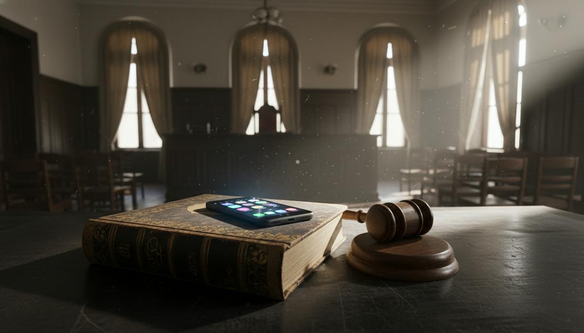Пакистан: смертный приговор за слово в сети ставит страну на распутье Старая книга законов и судейский молоток на деревянном столе в зале суда, сверху на книге лежит смартфон со светящимся экраном.
