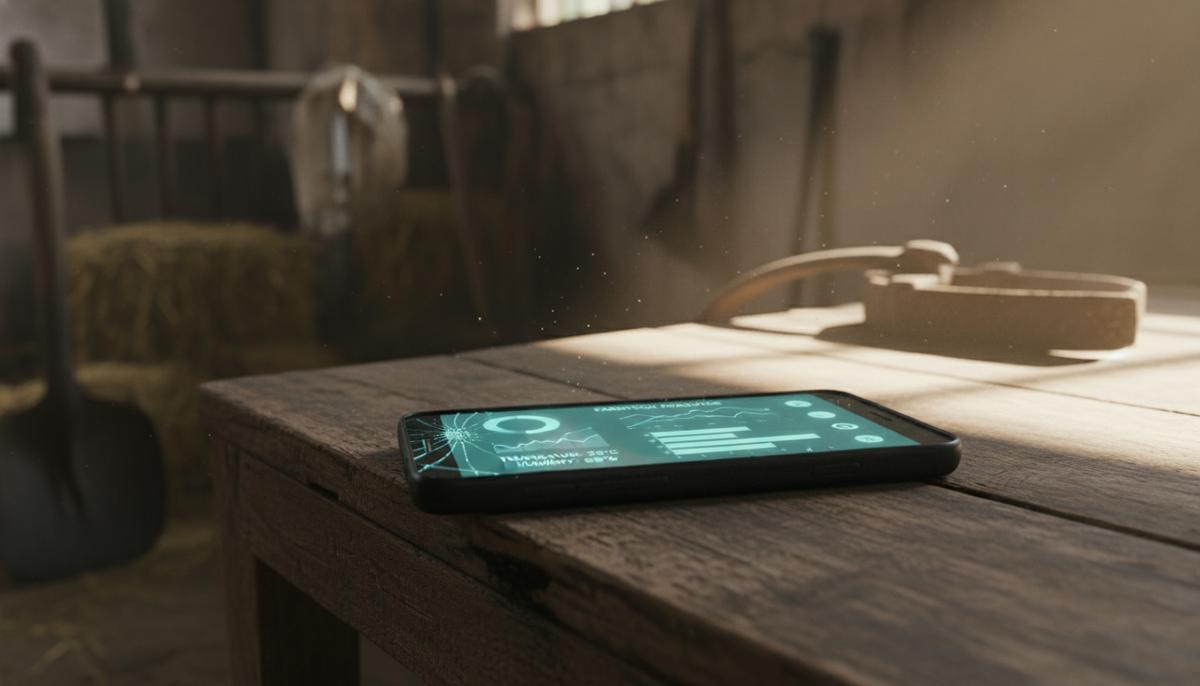 ИИ-революция Индии: от гигантомании к практичности Старый смартфон со светящимся интерфейсом аграрного приложения лежит на деревянном столе в деревенском индийском сарае.