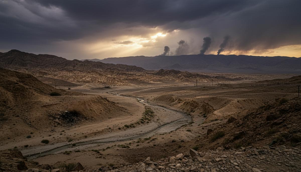 Скалистый горный пейзаж на границе Афганистана и Пакистана. Вдали над горами под драматичным небом поднимается столб дыма.