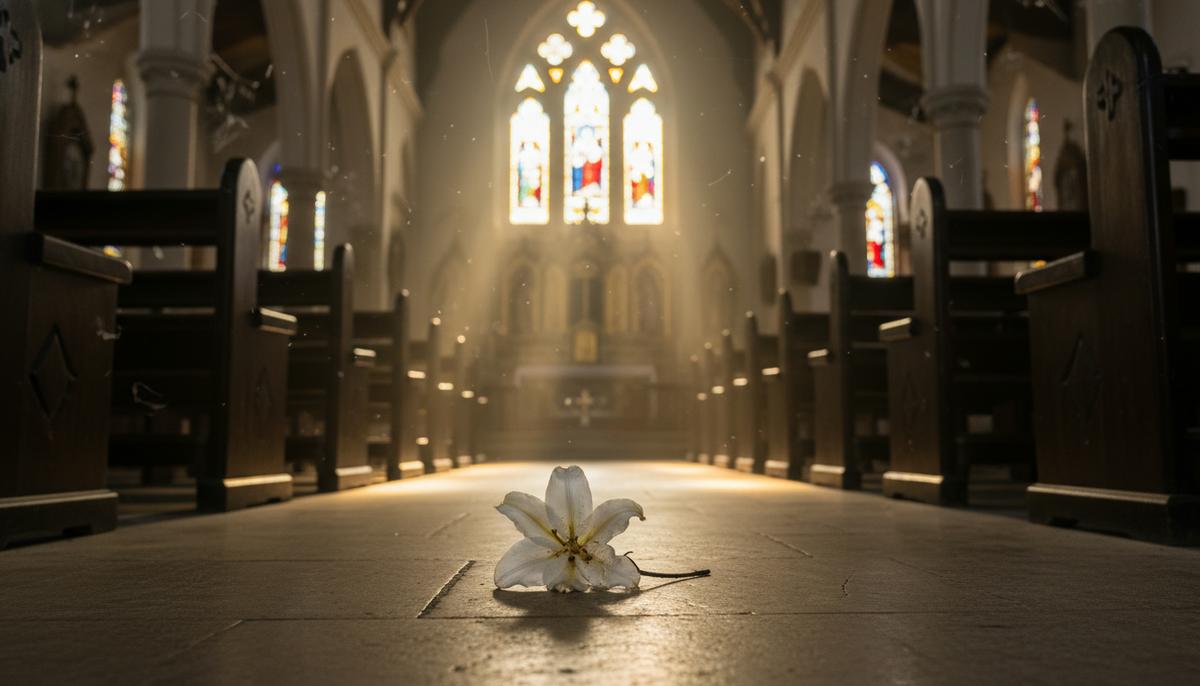 Пустая деревянная скамья в шри-ланкийской церкви. На скамье лежит увядший цветок лилии, освещенный солнечным лучом из окна.