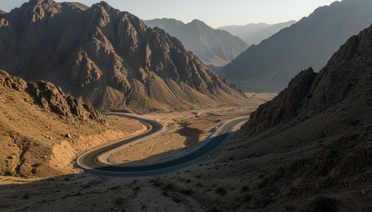 Пустая асфальтированная дорога вьется через суровый горный перевал на границе Афганистана и Пакистана.