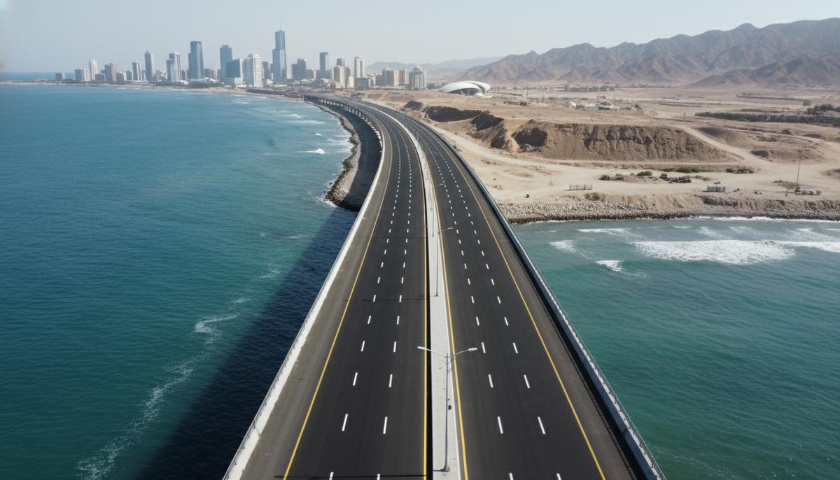 Гвадар: от громких обещаний к жесткому контролю за стройками Новое асфальтированное шоссе-дамба в портовом городе Гвадар, Пакистан, пролегает над морем на фоне засушливого пейзажа и городского горизонта.