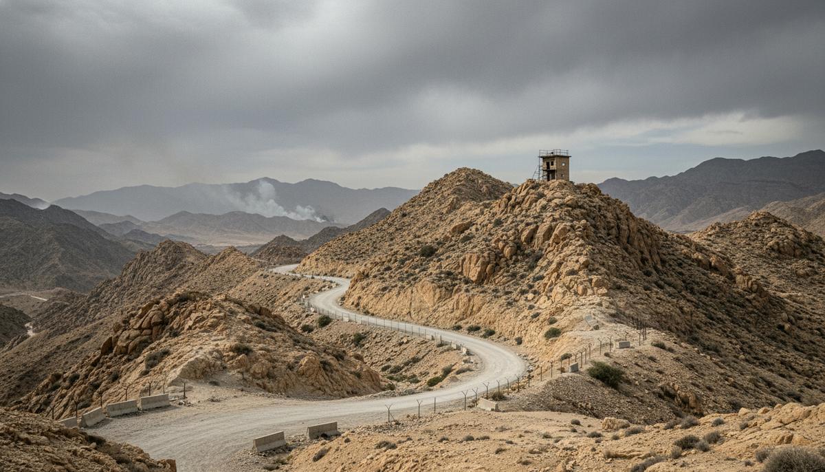 Пустынный горный перевал Торкхам на границе Пакистана и Афганистана, заброшенная сторожевая башня на фоне скал.
