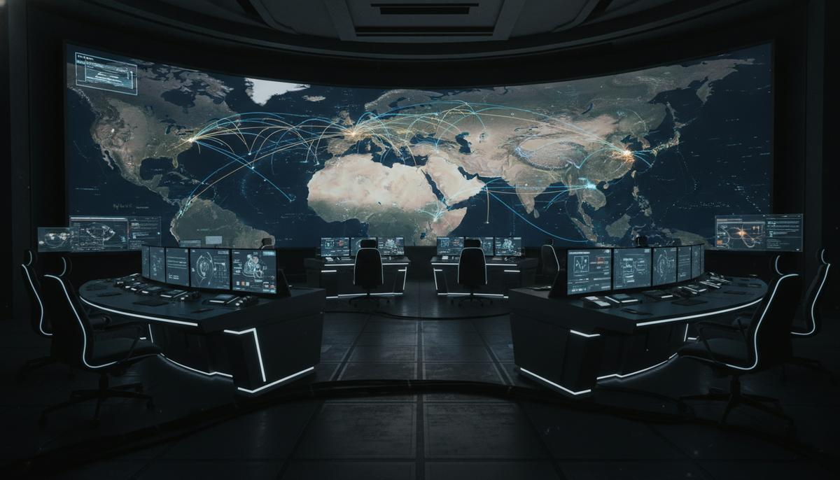 Пустой зал центра стратегического управления, освещенный большим экраном с картой, на которой светящиеся линии соединяют Индию и Израиль.