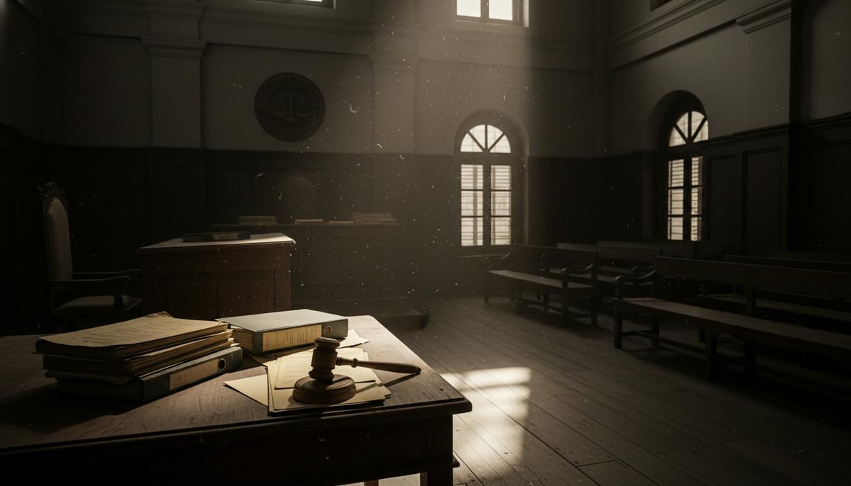 Пустой и темный зал заседаний суда. На судейском столе лежит молоток и стопка юридических документов.