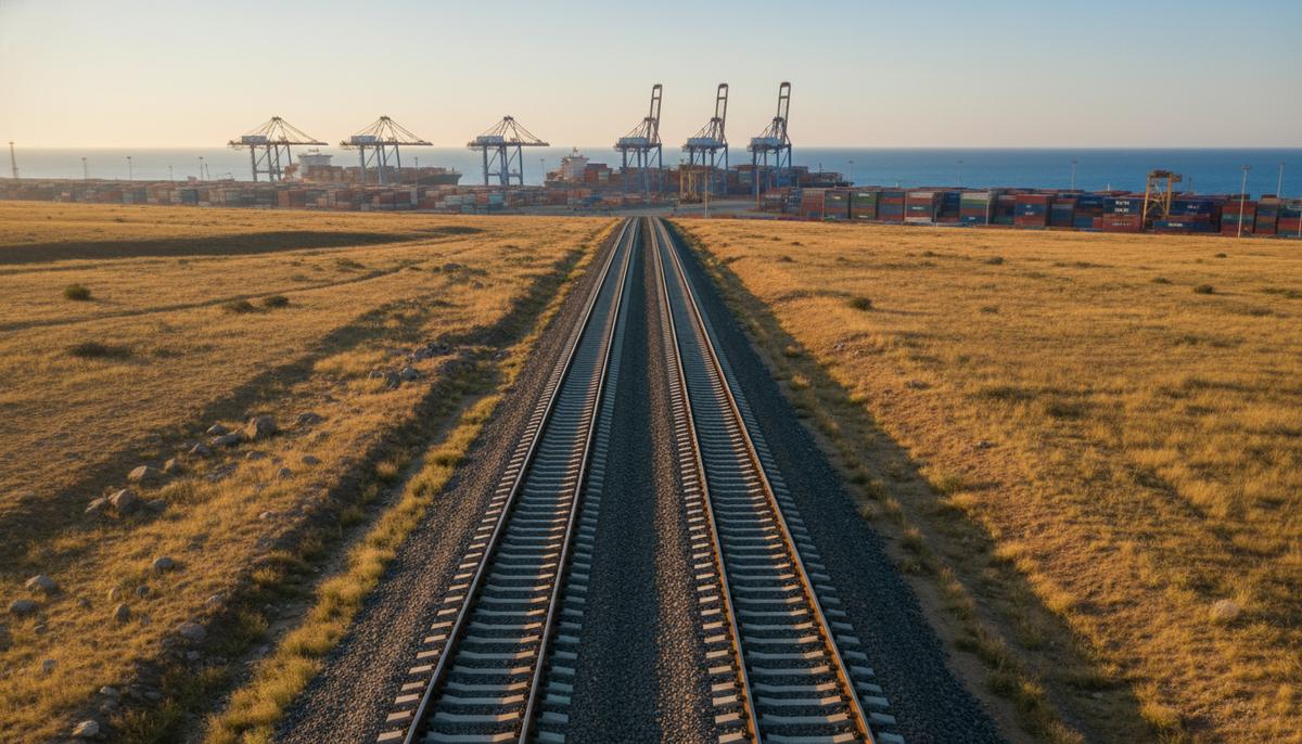 Железнодорожные пути в степи Центральной Азии, ведущие к порту с грузовыми кранами и контейнерами на берегу моря.