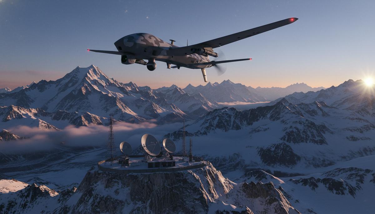 ИИ на границе: Индия догоняет Китай в гонке военных технологий Современный военный беспилотник-разведчик пролетает над суровым скалистым горным хребтом на рассвете.