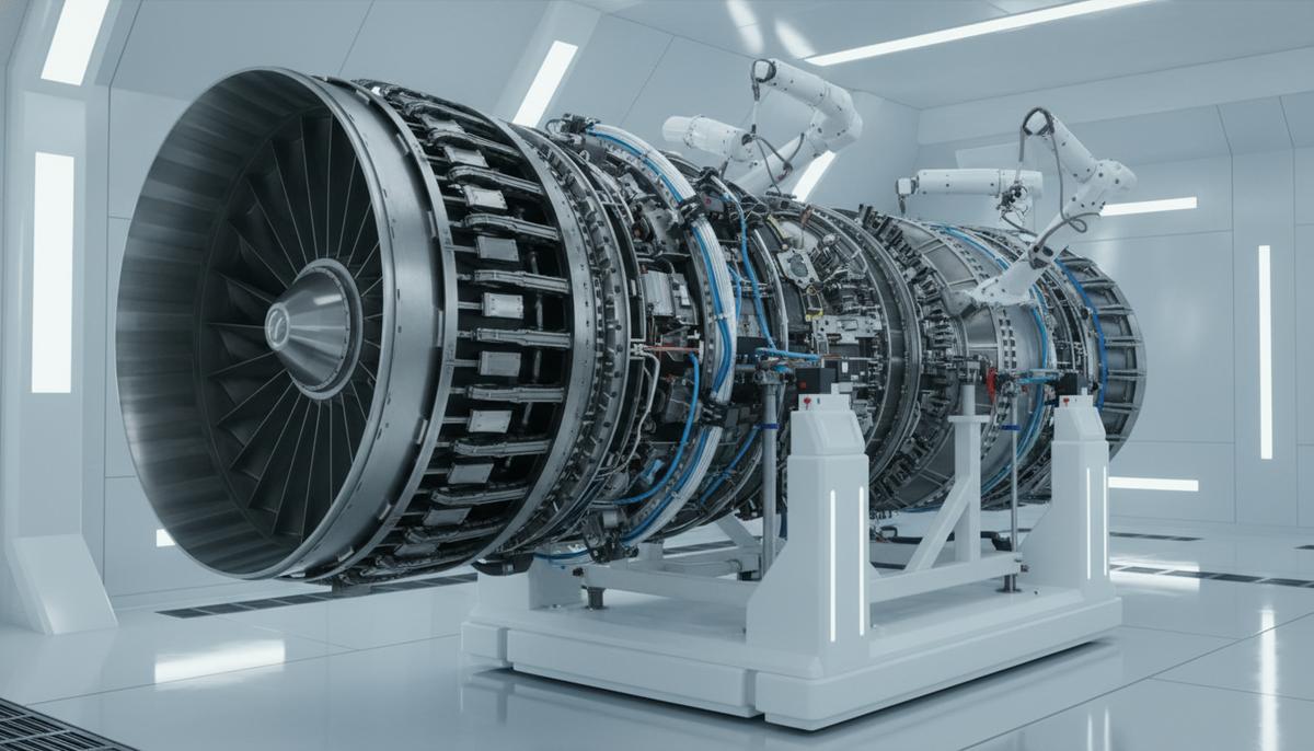 Двигатель для истребителя: почему Индия отстает от Китая на 40 лет Частично разобранный двигатель истребителя на сборочном стенде в чистом цехе. Крупный план сложных турбинных лопаток.