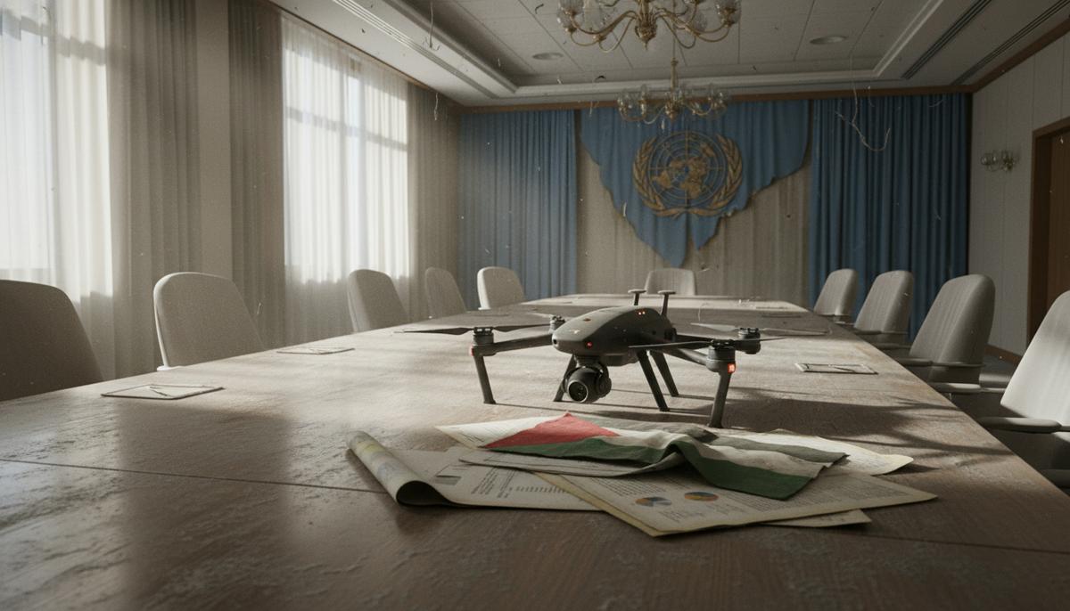 Оружие в обмен на молчание: новый альянс Индии и Израиля Военный разведывательный дрон лежит на столе в запыленном зале заседаний рядом с документами по правам человека и палестинским флагом.