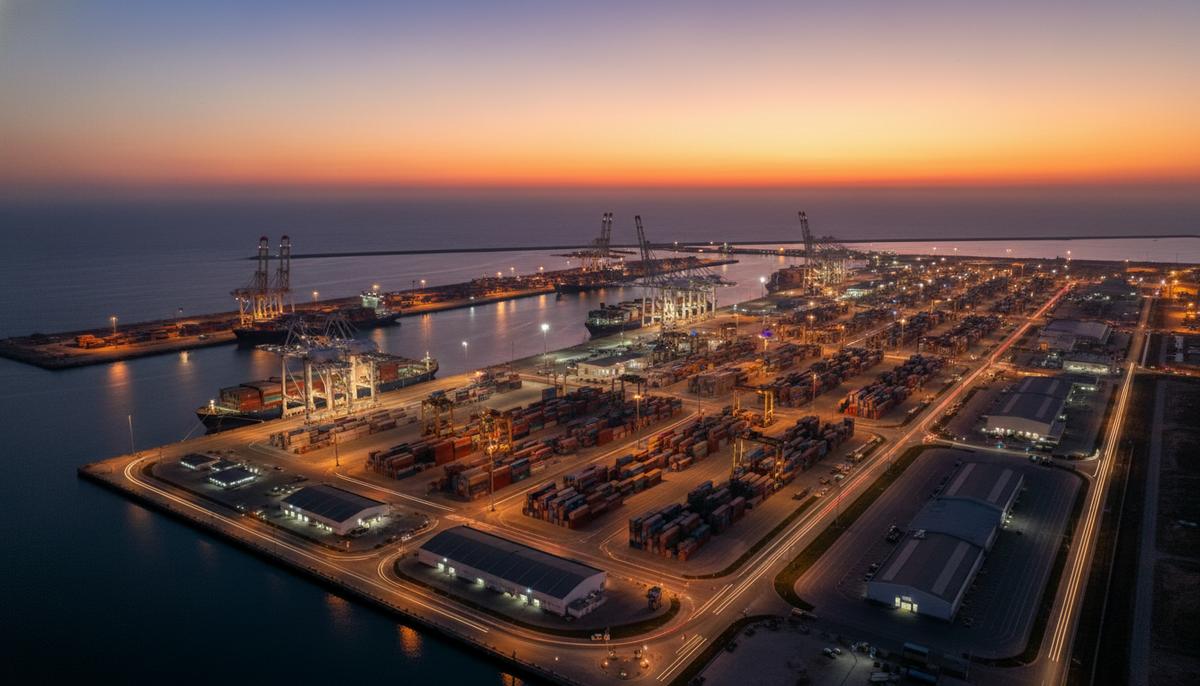 Пакистан: от кризисного государства к экономическому центру Азии Воздушный вид на современный порт Гвадар в Пакистане в сумерках. Контейнерные корабли у причалов и освещенная портовая инфраструктура.