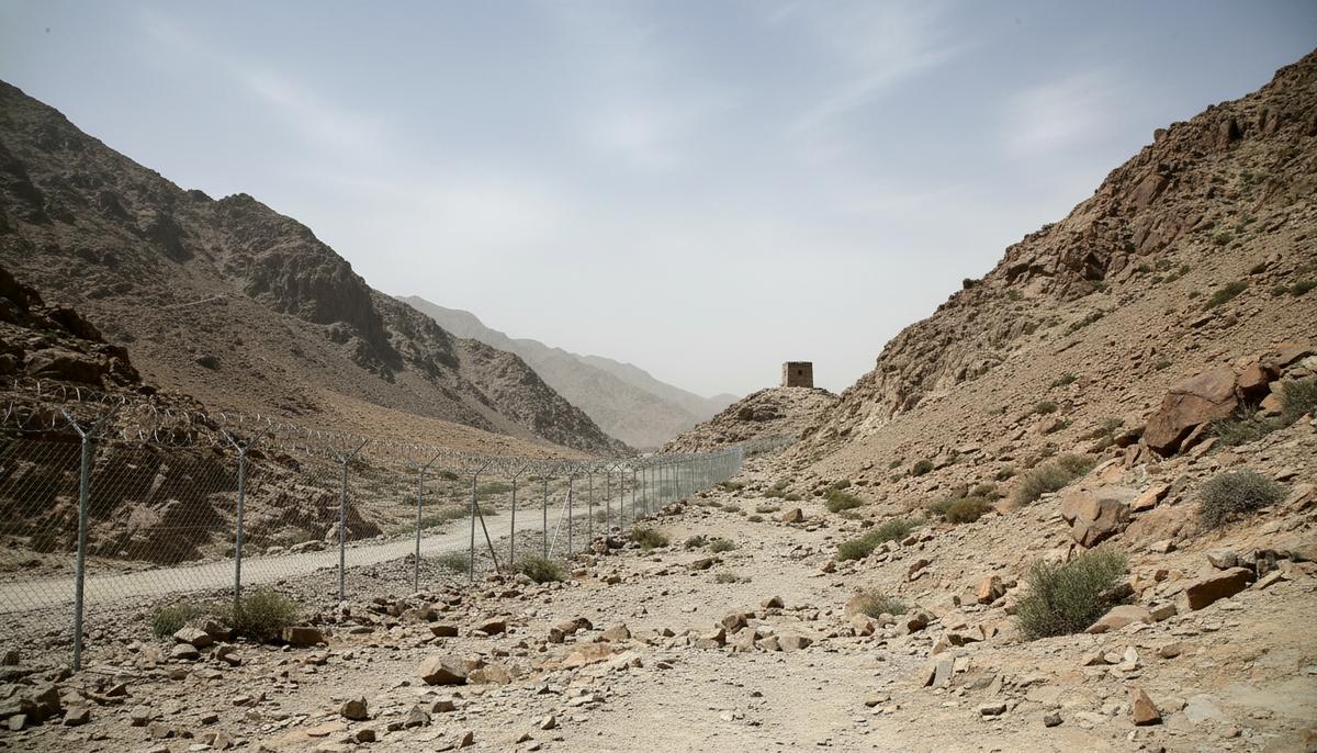 Горный перевал на афгано-пакистанской границе. Металлический пограничный забор пересекает скалистую, засушливую местность. Вдалеке видна сторожевая башня.