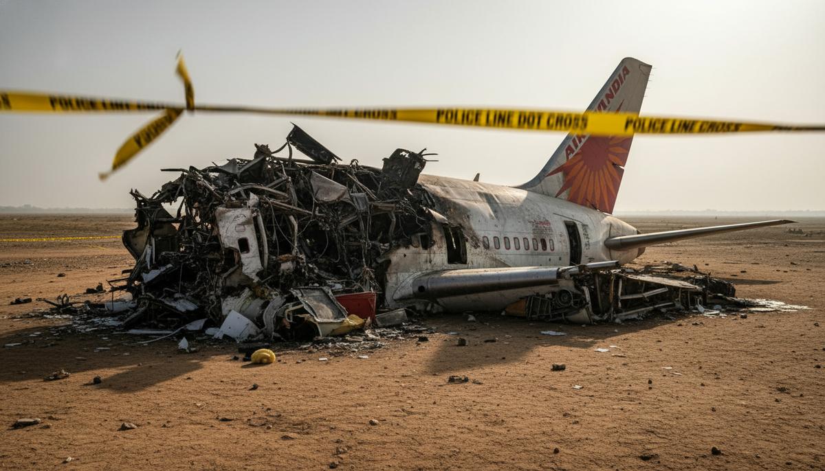 Катастрофа Dreamliner в Индии: ошибка пилота или роковой дефект Boeing? Обломки хвостовой части самолета Boeing 787 авиакомпании Air India на месте крушения в Индии, окруженные следственной лентой.